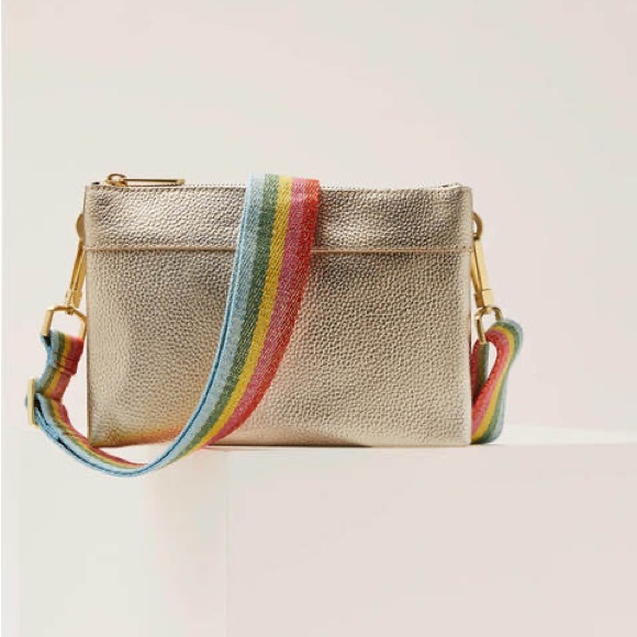 Boden Handbags - BODEN Clementine Crossbody Bag Pale Gold Leather Rainbow Strap Boho Preppy